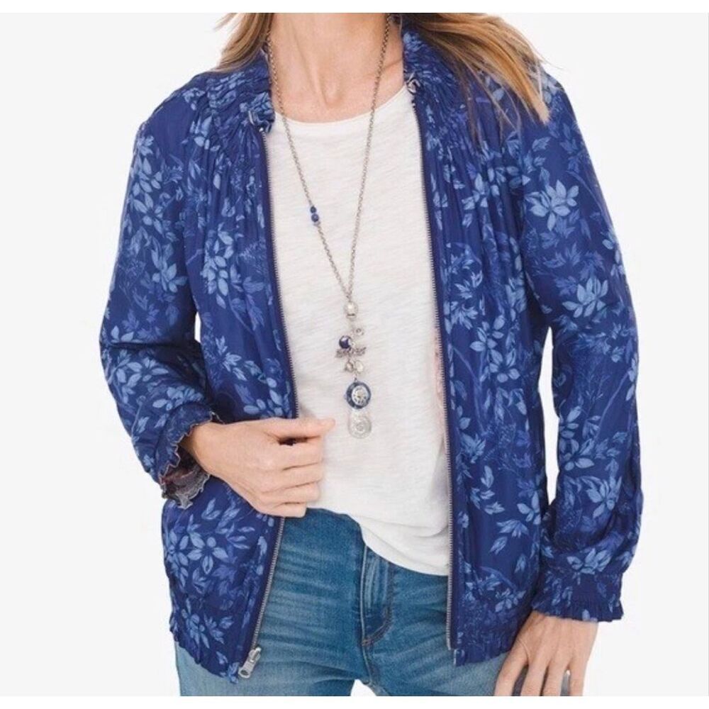 Chicos Reversible Satin jacket Bomber Floral Full Zip blue Pink Size 3 16 18 XL
